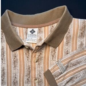 90s Columbia Polo Shirt Mens Large Fish Stripe Tan Brown Cotton Gorpcore Outdoor